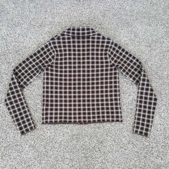Cropped Knit Sweater Jacket Blazer Brown Plaid Rachel Roy Vintage Pocket Stretch - Picture 3 of 11